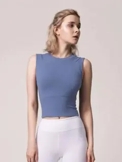インポート♪カッコいい！ショート丈タンクトップ♡青 M ヨガ ピラティス モード