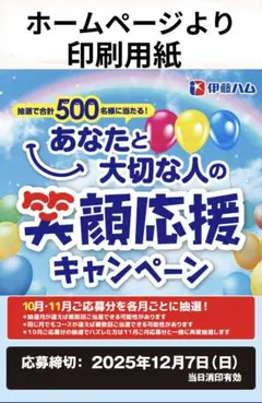 ⑦懸賞応募【伊藤ハム】 笑顔応援キャンペーン！ホームページより印刷用紙15枚