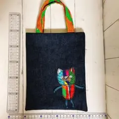 ハンドメイド　ミニトートバッグねこB（アフリカ布）