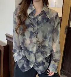 シフォン抽象模様長袖シャツ
