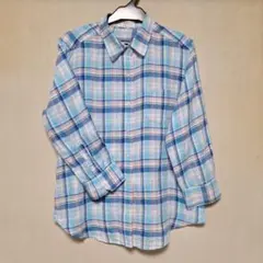 UNIQLO, ブラウス, L, 七分袖, ブルー系, チェック柄, 麻100%