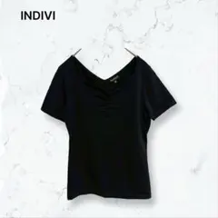 t207 インディヴィ 半袖カットソー 黒 38 Vネック ニット 春夏 ウール
