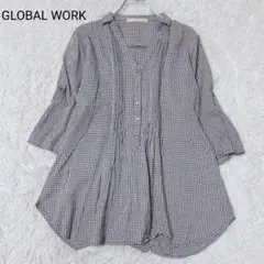 グローバルワーク シャツ ブラウス M ネイビー ギンガムチェック カジュアル