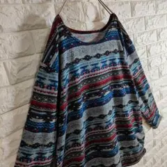 ニットセーター ネイティブ柄 ボーダー 薄手 グレー L相当