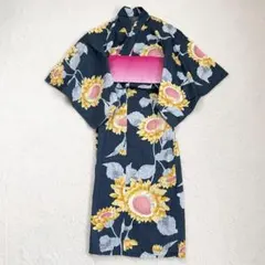 浴衣４点セット ひまわり柄 総柄 簡易帯付き 腰紐付き 夏 お祭り 花火 新品