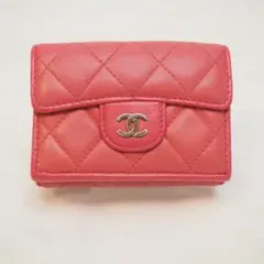 美品 シャネル マトラッセ コンパクト三つ折財布 ピンク ラムスキン