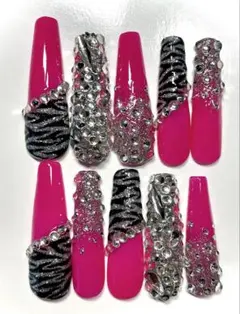 ネイルチップ ギャル ピンク ゼブラ 鬼ロング 埋めつくし