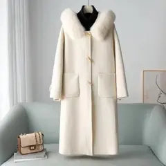 新品フード付きフォックス衿優しい雰囲気のカシミヤ混ウールロングコートオフホワイト