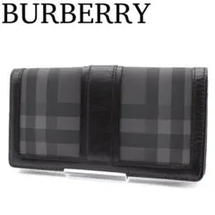 【未使用級】BURBERRY チェック柄 長財布 二つ折り レザー ブラック