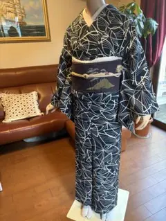 葉っぱ模様 小紋着物 帯付き単衣