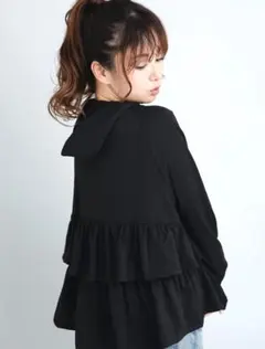 Yoki ラメ生地フード付きパーカ　バックフリル　ブラック99% UV CUT
