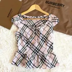 バーバリーブルーレーベル　半袖ブラウス　メガチェック　リボン　フリル　ピンク　M
