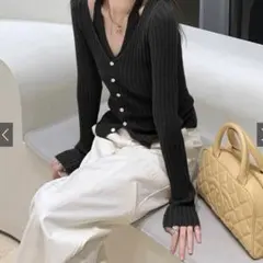 リブ編みVネック長袖ニットトップス　GRL