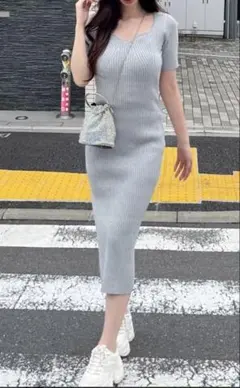 半袖 リブニットワンピース グレー