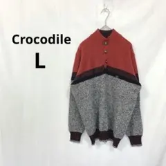 クロコダイル▶ハーフボタンニット グレー×レッド 配色 ウール混 L