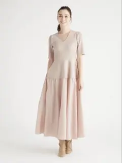 【美品】ニットドッキングタフタワンピース ピンクベージュ 36 セルフォード