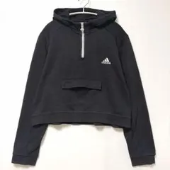 アディダス パーカー ハーフジップ ロゴ XL 黒 綿 ゆったり クロップド丈