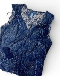 USA製ヴィンテージ 総レース トップス 装飾 刺繍 シースルー 透け感 黒