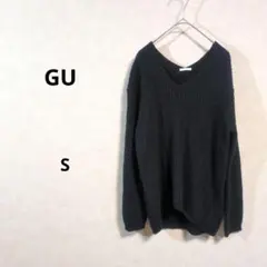 GU　ゆったり　ダークグレー Vネック リブ編みセーター　Sサイズ N186