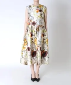 ヒロココシノ アート柄 ロングワンピース リネン混 バックプリーツ38