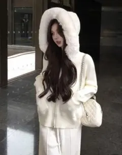 ファー付き ニットカーディガン M