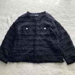 BARNEYS NEWYORK　綿混　ノーカラーツイードジャケット　金ボタン　黒