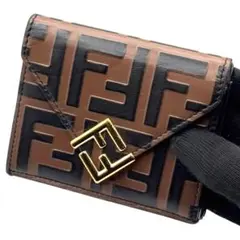 フェンディ 三つ折り財布 ズッカ柄 FF ダイヤモンド コンパクト 茶 黒 金