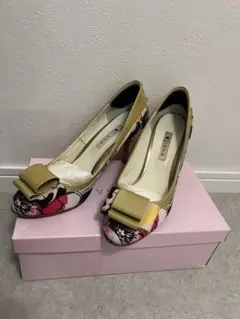 【DIANA】花柄パンプス 24.5cm リボンデザイン ヒールパンプス