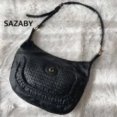 SAZABY ブラック レザー ショルダーバッグ 編み込み 肩掛け 黒 サザビー