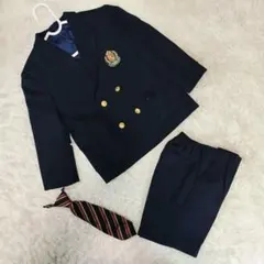 キッズ 110cm 紺ブレ セットアップ ダブル 金ボタン ネクタイ付 卒服