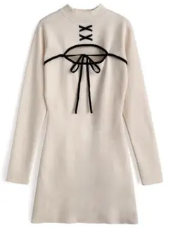 フロントオープン配色リボンワンピース[ru1355]