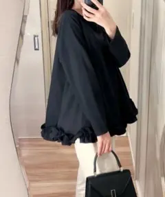[O.S.K]裾立体フリルブラウス 裾フリル　ホイップ　ブラウス　ブラック