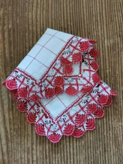 アンティーク フランス ウィンドウチェック クロス 紅白刺繍レース装飾