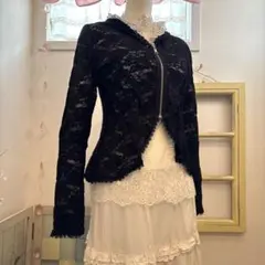レースジップアップパーカー　美ライン　黒　ブラック　カーディガン　薄手