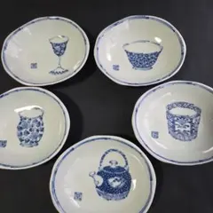 未使用品 有田焼 美染窯 時代絵 染付 絵変わり 鉢 深皿 楕円皿 銘々皿 楕円