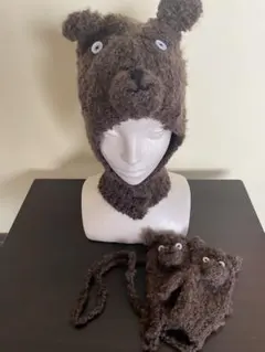 キッズ　クマ耳帽子と手袋セット　ニット帽　紐付き手袋　2点セット