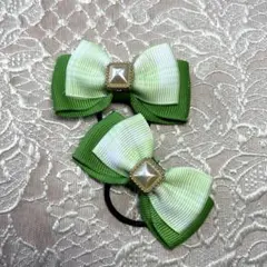 リボンデザイン ヘアゴム 緑と白
