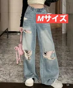 SHEIN　ウォッシュド ダメージ ワイドレッグジーンズ　M　パンツ