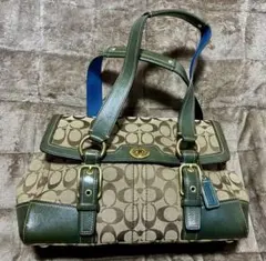コーチ ハンドバッグ ハンプトンズ シグネチャー ターンロック 緑