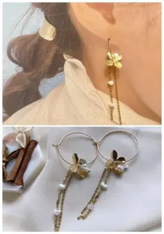 p2 淡水パール　フープピアス　お花　ムーンストーン　ピアス