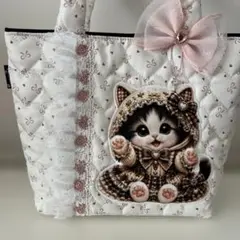 パネル生地 猫 インド刺繍生地フリルトートバッグ ミニポーチ付き