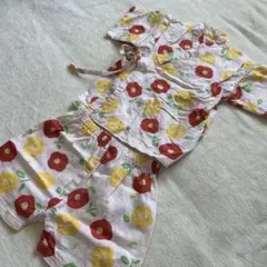 赤と黄色の花柄　甚平 90 セット　ピンク