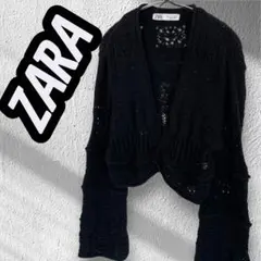 ZARA　ニットボレロカーディガン　トップス　レース編み　レディース　L　黒