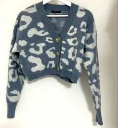 【EMODA】レオパード柄 ボタン付きカーディガン 水色 ブルー ミニ丈