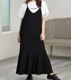 しまむら リブ編み ブラック マーメードキャミワンピース