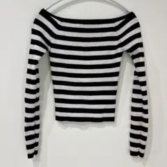 海外古着 モノトーン ボーダー オフショル ニット リブ素材 トレンド 【S】