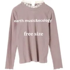 レースネック リブカットソー 長袖 ピンクベージュ free size