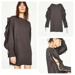 新品タグ付き Mサイズ ZARA ワンピース ラウンドネック 袖フリル ザラ