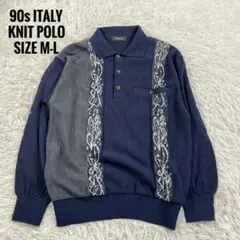 90s 日本製 ニットポロ ユーロインスパイア ジャガード切替 M 青