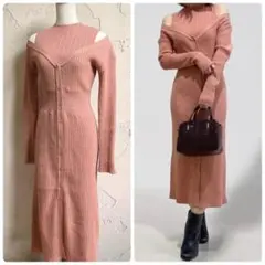 リリーブラウンLily Brown レイヤードニットワンピース リブニットロング